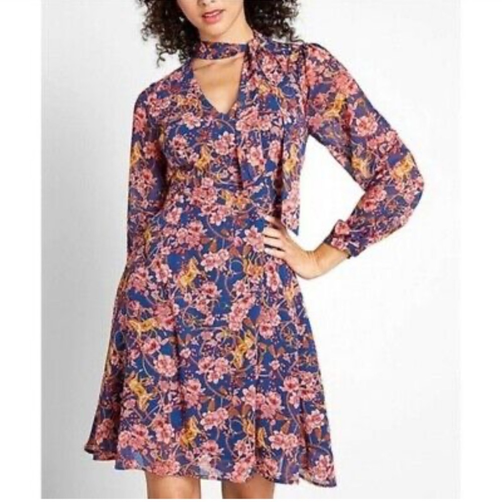 Floral Print Dress Tie Neck Long Sleeve Fit Flare Party Cocktail